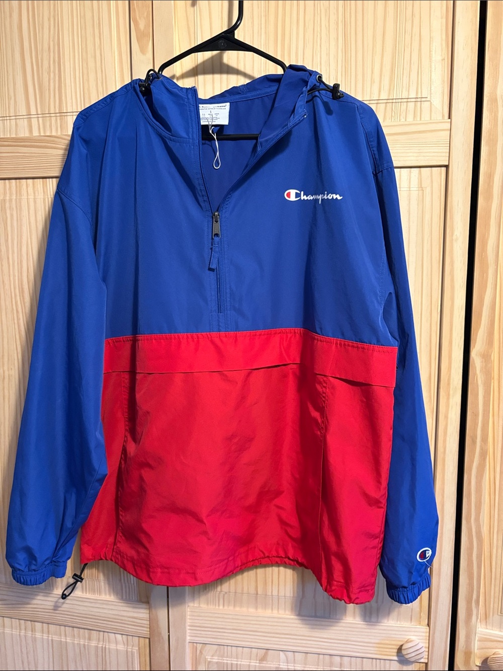 Champion Blue and Red Half-Zip Hooded Windbreaker Jacket